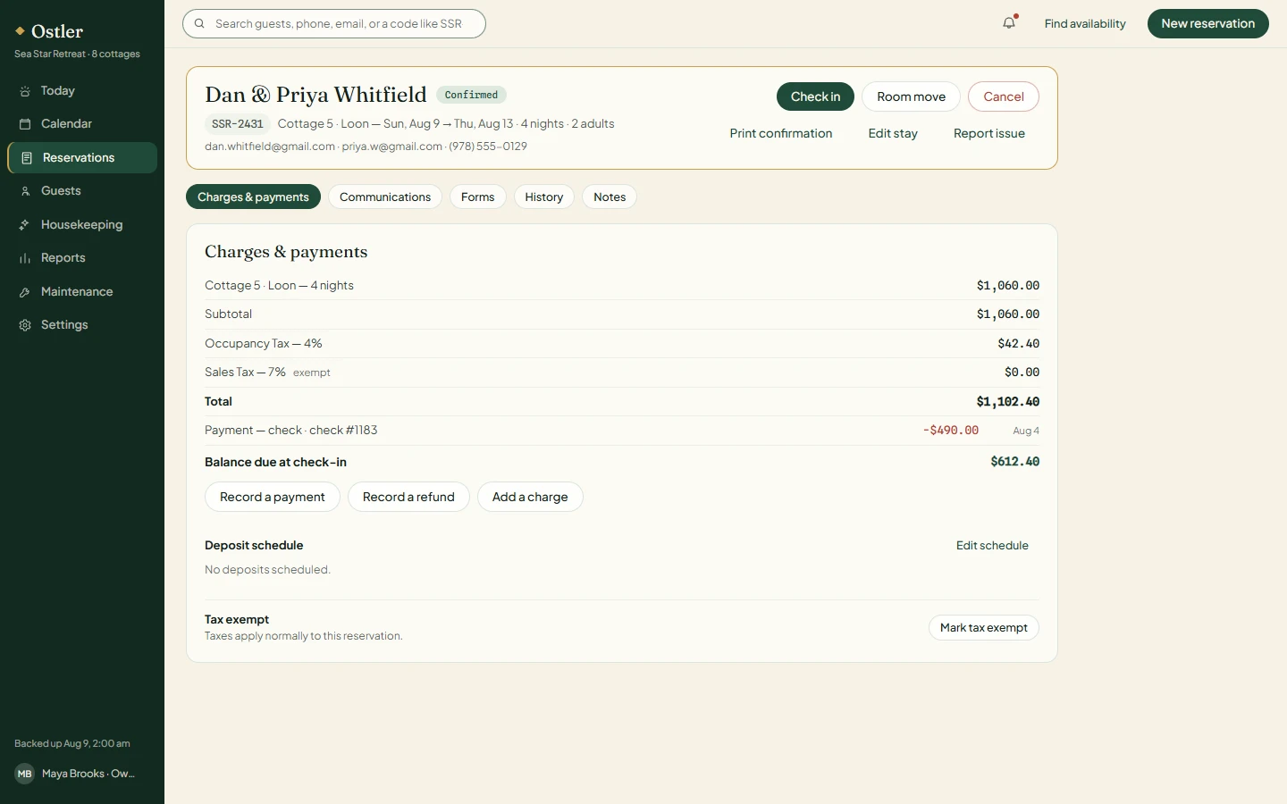 A reservation with its price panel, deposit schedule, payments, and email history.